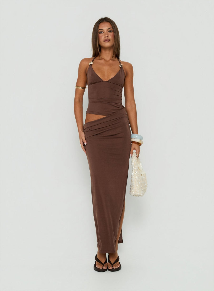 Imeraldia Halter maxi šaty s kovovými detaily Hnědá