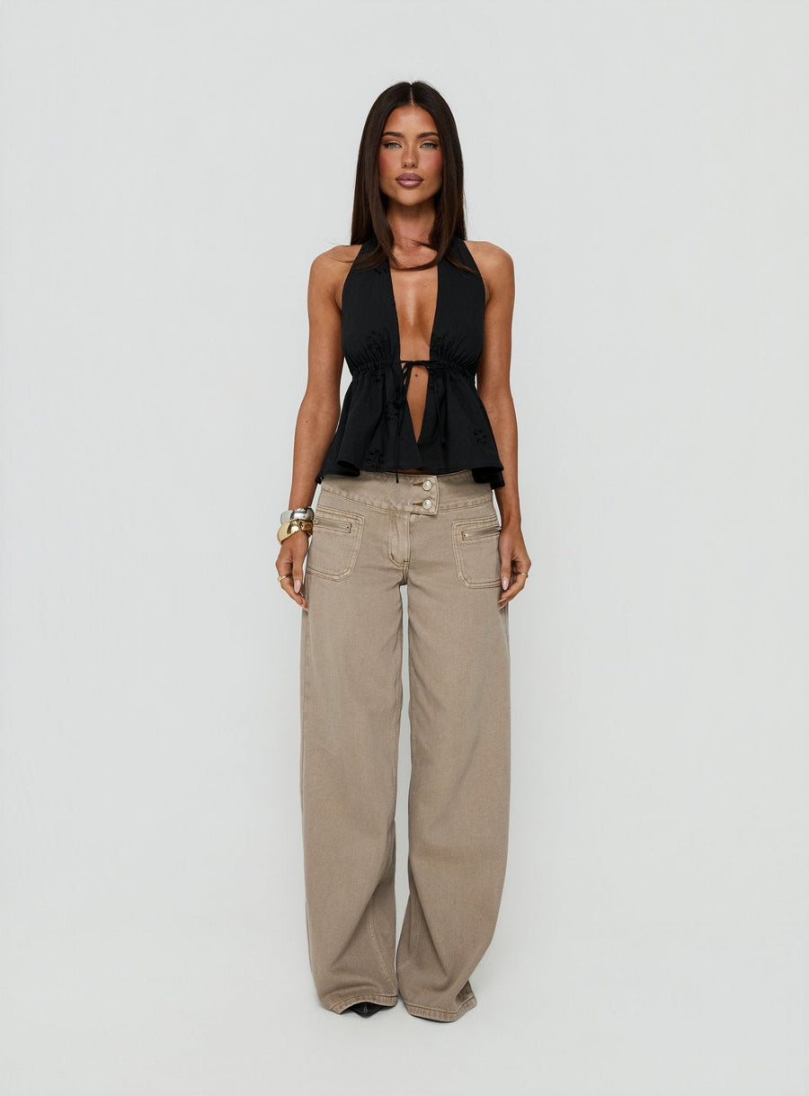 Top Form Halter Top Černá Broderie S Vázáním Vpředu